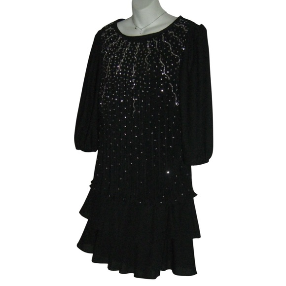 Good Times Dress Vintage 70s Black Glam Avant Garde Fairy Flamenco Disco Glitter - Picture 6 of 13
